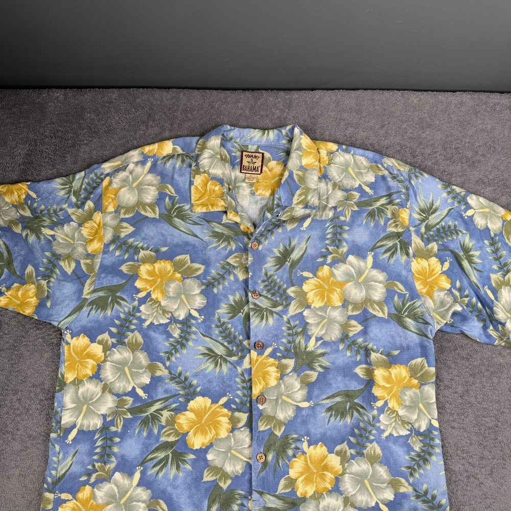 Tommy Bahama Mens XL Blue Yellow Silk Hibiscus Floral Tropical Camp Shirt